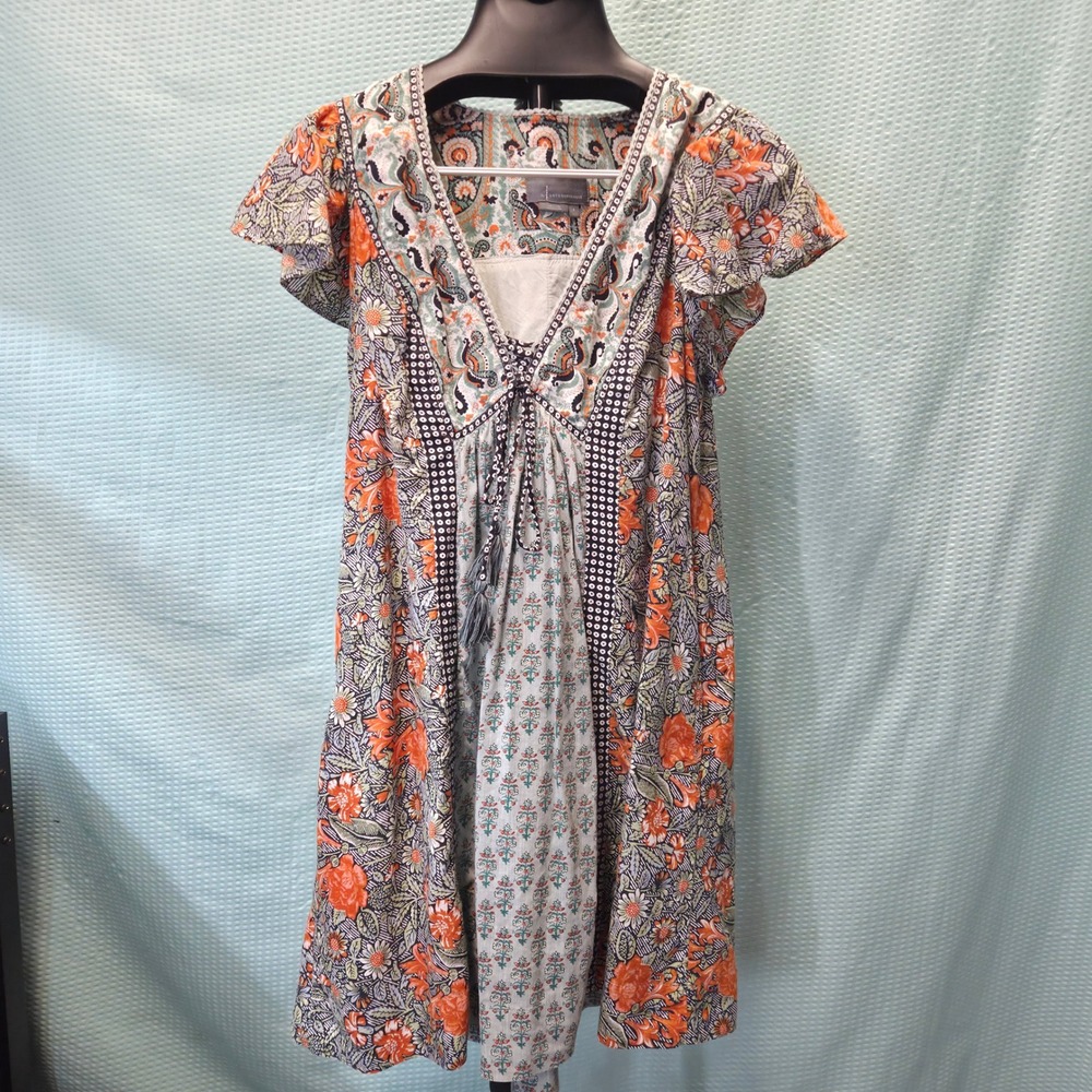 Anthropologie Dress Women Small Orange Cotton Floral Paisley Boho Flutter Sleeve